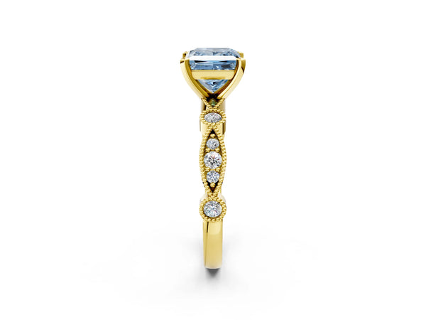Yellow gold Fancy Blue Princess  Milgrain Bezel Diamond Engagement Ring with Solitaire Prong Setting