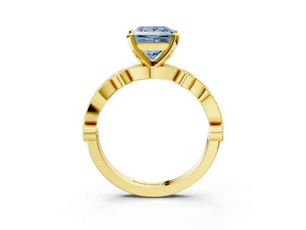 Yellow gold Fancy Blue Princess  Milgrain Bezel Diamond Engagement Ring with Solitaire Prong Setting