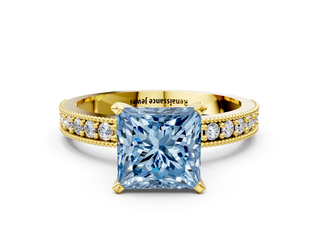 Yellow gold Fancy Blue Princess  Milgrain Pave Diamond Engagement Ring with Four-Prong Setting_152