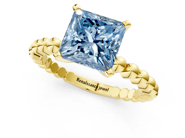 Yellow gold Fancy Blue Princess Cut Diamond Solitaire Ring with Beaded Band and Prong Setting