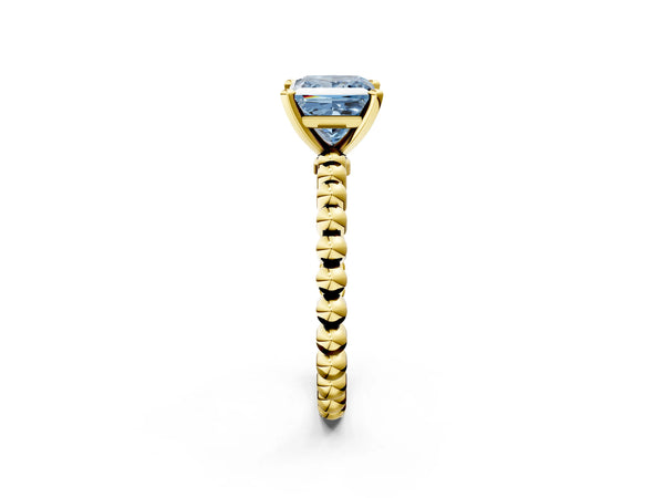 Yellow gold Fancy Blue Princess Cut Diamond Solitaire Ring with Beaded Band and Prong Setting