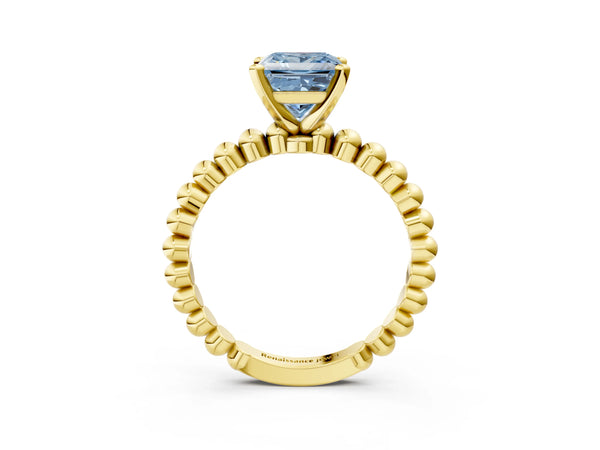 Yellow gold Fancy Blue Princess Cut Diamond Solitaire Ring with Beaded Band and Prong Setting