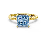 Yellow gold Fancy Blue Princess  Solitaire Beaded Band Prong Setting Ring