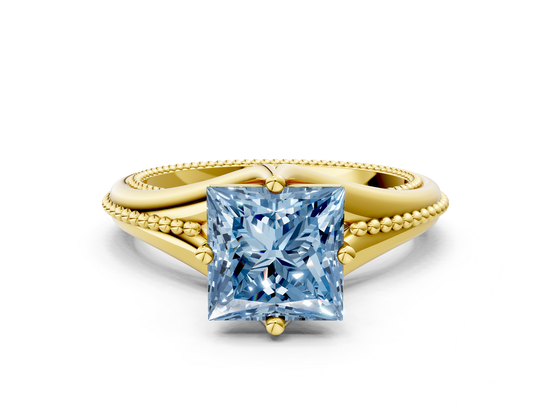 Yellow gold Fancy Blue Princess  Solitaire Beaded Band Six-Prong Setting