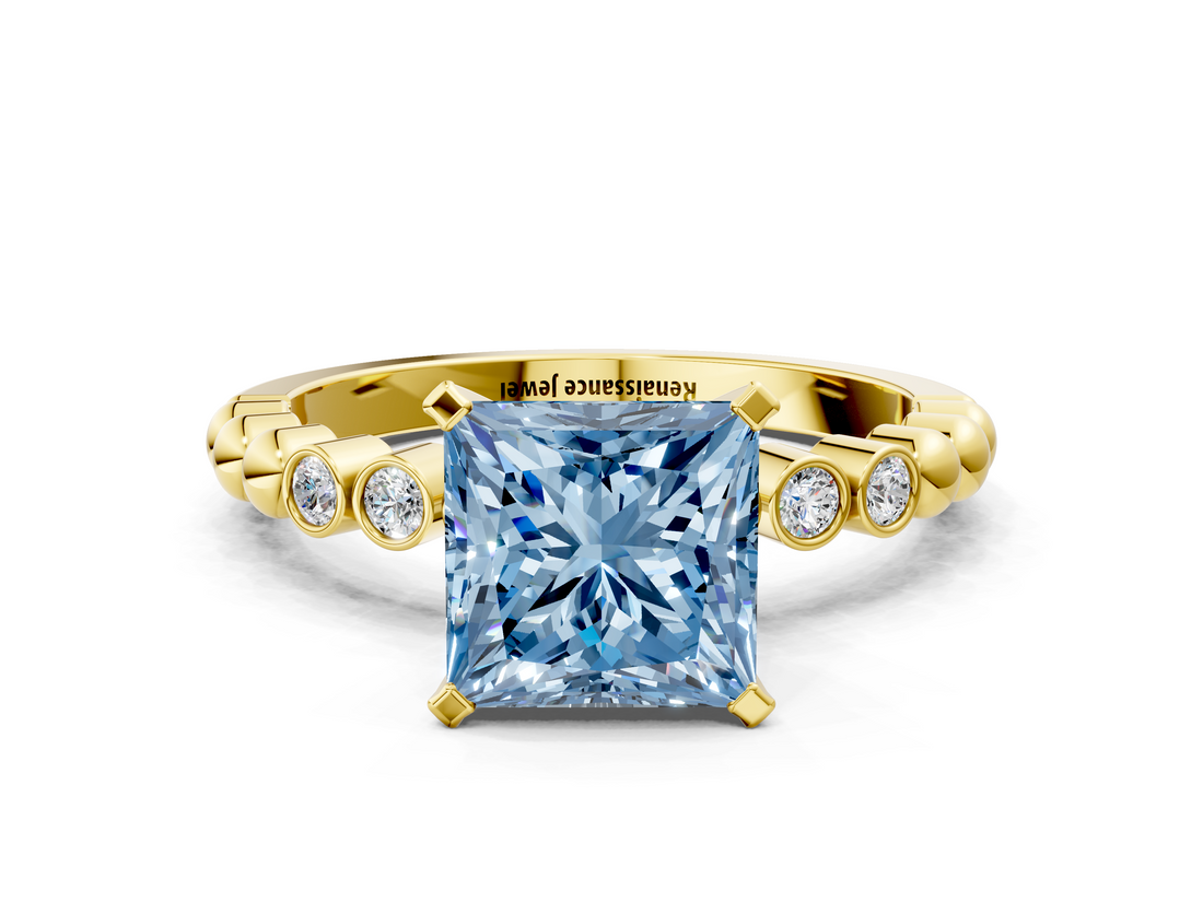 Yellow gold Fancy Blue Princess  Solitaire Bezel Accent Diamond Engagement Ring with Beaded Band and Four-Prong Setting_41