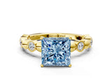 Yellow gold Fancy Blue Princess  Solitaire Bezel-Set Diamond Ring with Beaded Band and Four-Prong Setting_32