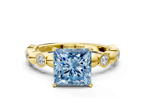 Yellow gold Fancy Blue Princess  Solitaire Bezel-Set Diamond Ring with Beaded Band and Four-Prong Setting