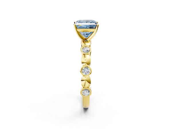Yellow gold Fancy Blue Princess  Solitaire Bezel-Set Diamond Ring with Beaded Band and Four-Prong Setting