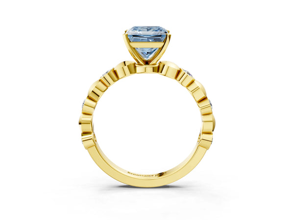 Yellow gold Fancy Blue Princess  Solitaire Bezel-Set Diamond Ring with Beaded Band and Four-Prong Setting