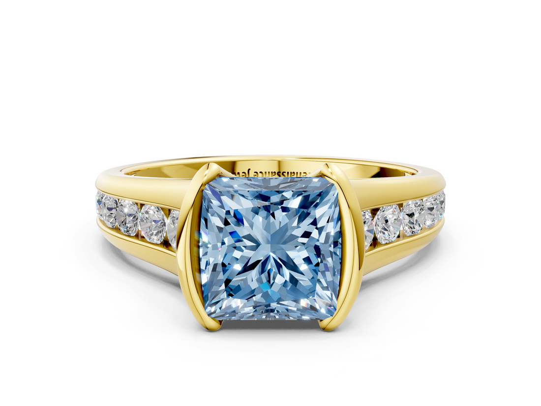 Yellow gold Fancy Blue Princess  Solitaire Bezel-Set Diamond Ring with Channel-Set Band_37