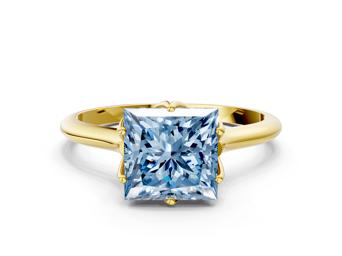Yellow gold Fancy Blue Princess  Solitaire Cathedral Diamond Ring with Six-Prong Setting_17
