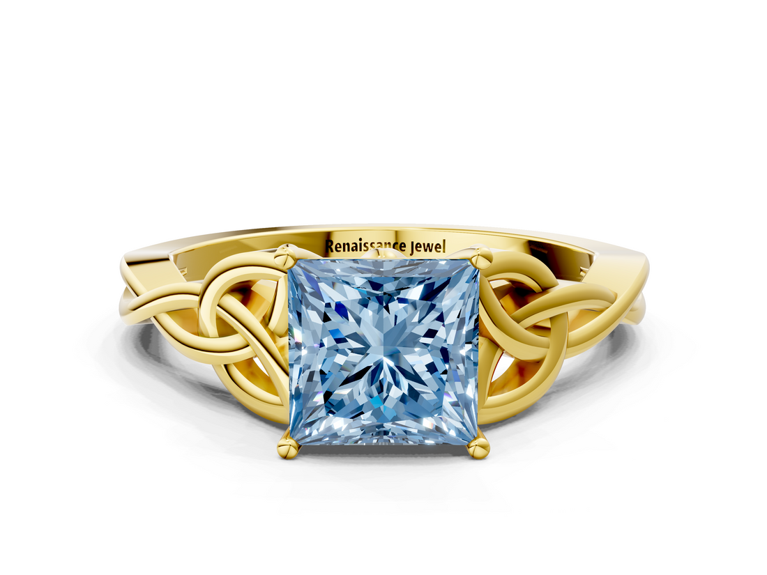 Yellow gold Fancy Blue Princess  Solitaire Celtic Knot Engagement Ring with Four-Prong Setting_61