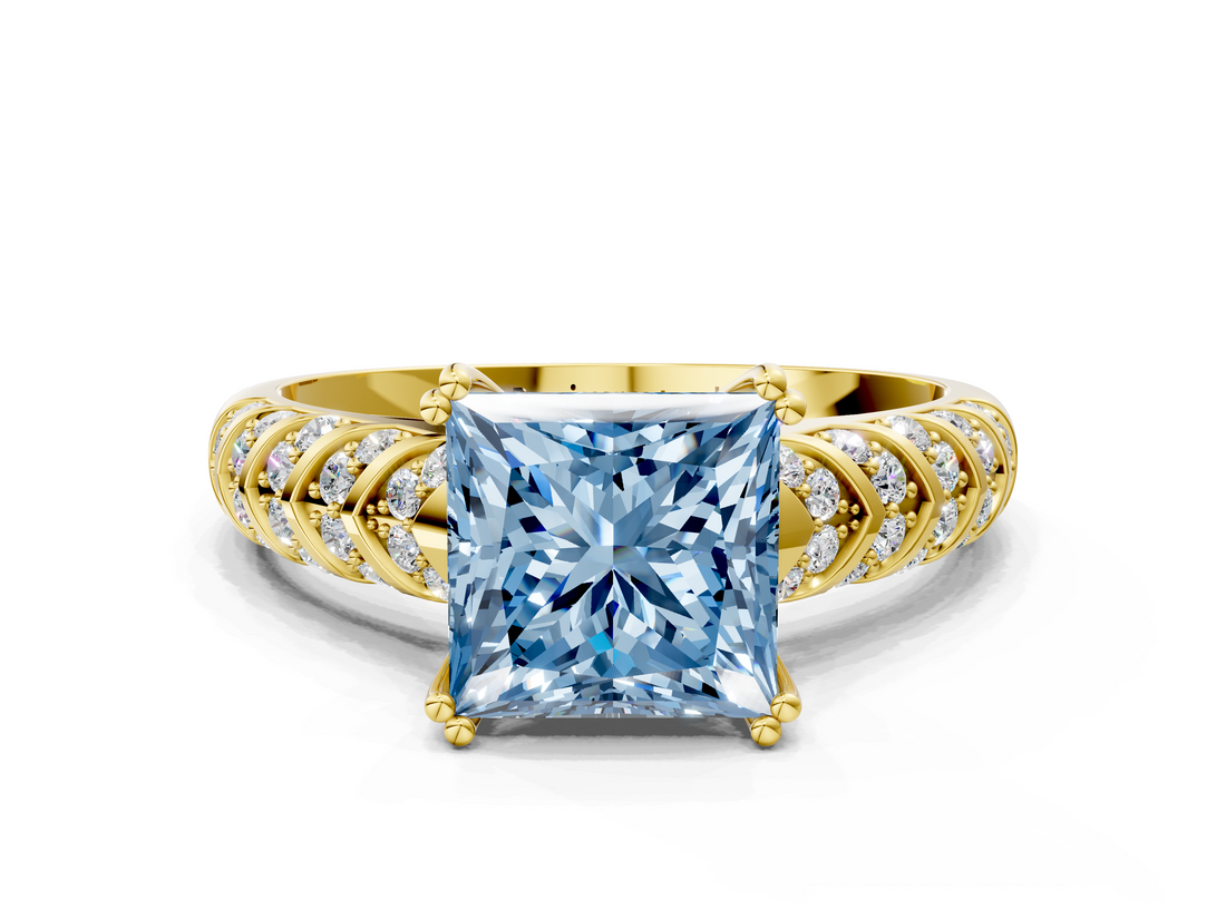 Yellow gold Fancy Blue Princess  Solitaire Chevron Pave Diamond Engagement Ring with Six-Prong Setting_3