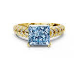 Yellow gold Fancy Blue Princess  Solitaire Chevron Pave Diamond Engagement Ring with Six-Prong Setting_3