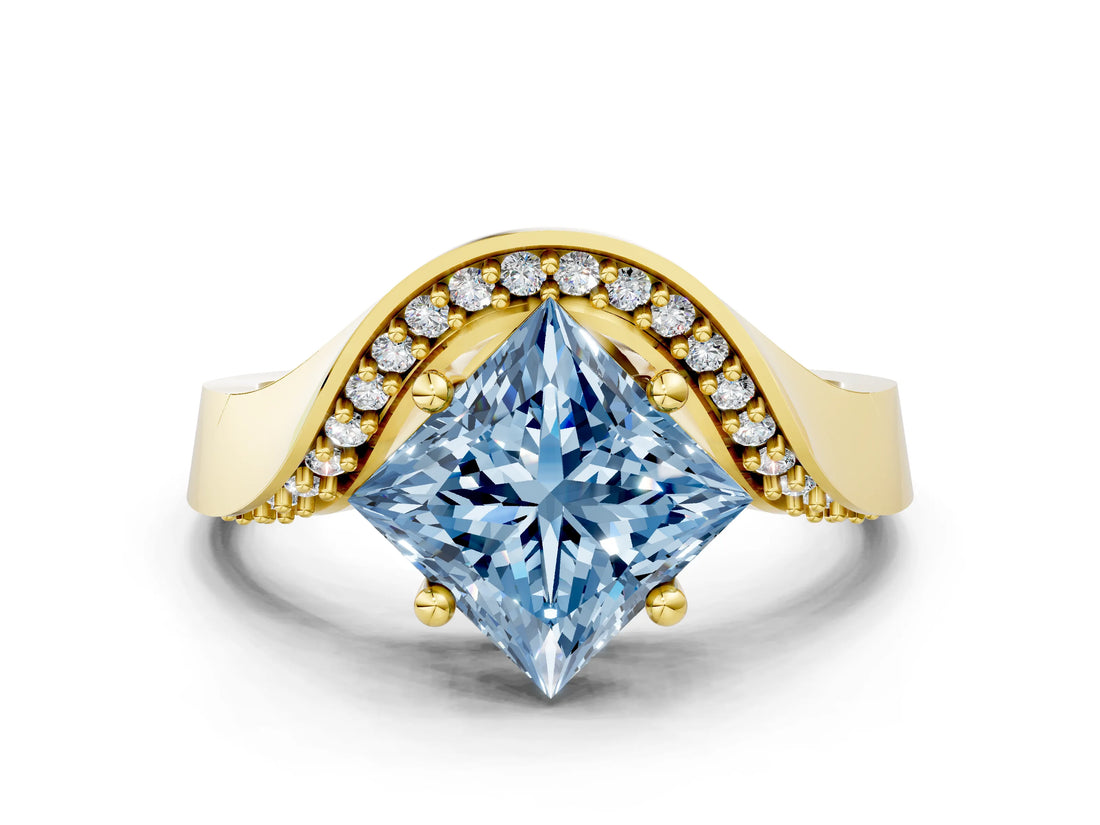 Yellow gold Fancy Blue Princess  Solitaire Diamond Engagement Ring with Pave Band and Four-Prong Setting 1