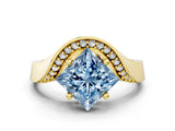 Yellow gold Fancy Blue Princess  Solitaire Diamond Engagement Ring with Pave Band and Four-Prong Setting 1