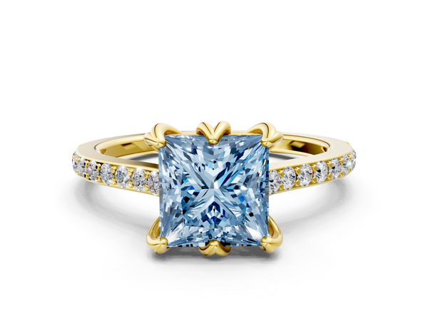 Yellow gold Fancy Blue Princess  Solitaire Diamond Engagement Ring with Pave Band and Six-Prong Setting