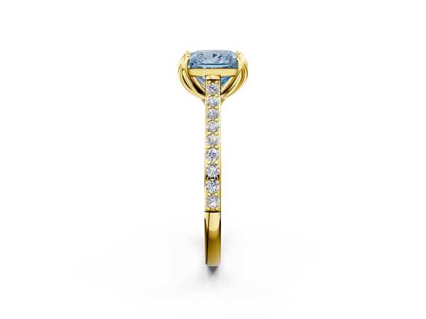 Yellow gold Fancy Blue Princess  Solitaire Diamond Engagement Ring with Pave Band and Six-Prong Setting