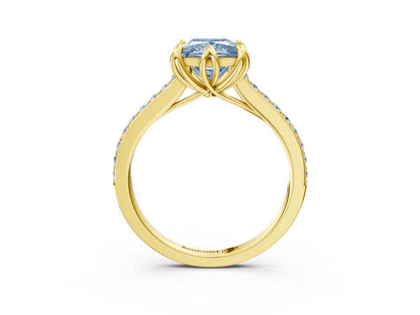 Yellow gold Fancy Blue Princess  Solitaire Diamond Engagement Ring with Pave Band and Six-Prong Setting
