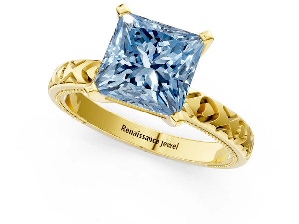 Yellow gold Fancy Blue Princess  Solitaire Diamond Engagement Ring with XO Engraved Band and Four-Prong Setting