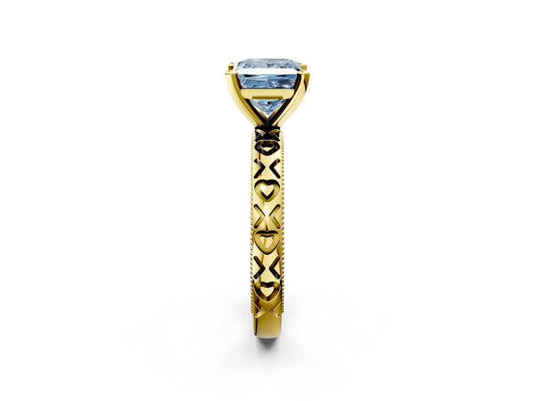 Yellow gold Fancy Blue Princess  Solitaire Diamond Engagement Ring with XO Engraved Band and Four-Prong Setting