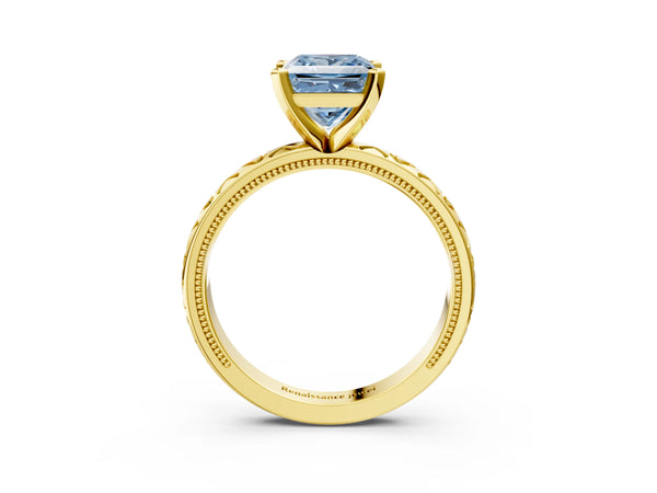 Yellow gold Fancy Blue Princess  Solitaire Diamond Engagement Ring with XO Engraved Band and Four-Prong Setting