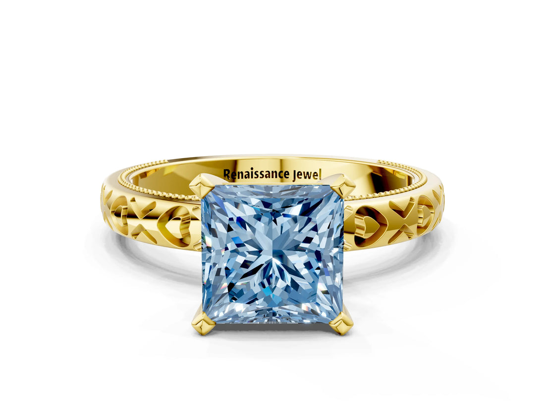 Yellow gold Fancy Blue Princess  Solitaire Diamond Engagement Ring with XO Engraved Band and Four-Prong Setting