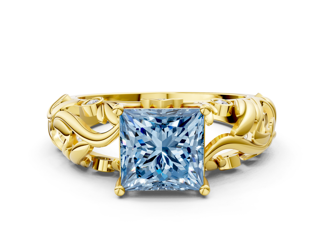 Yellow gold Fancy Blue Princess  Solitaire Diamond Leaf Vine Band with Prong Setting_59