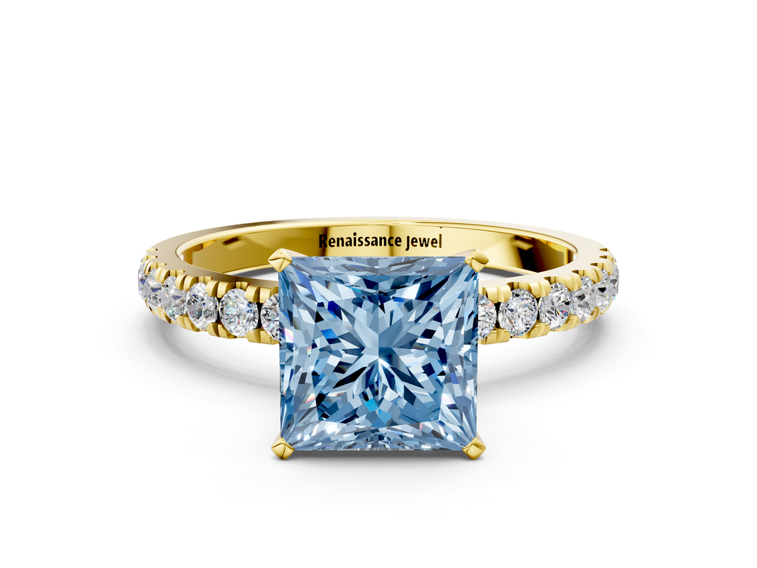 Yellow gold Fancy Blue Princess  Solitaire Diamond Pavé Band with Four-Prong Setting_42
