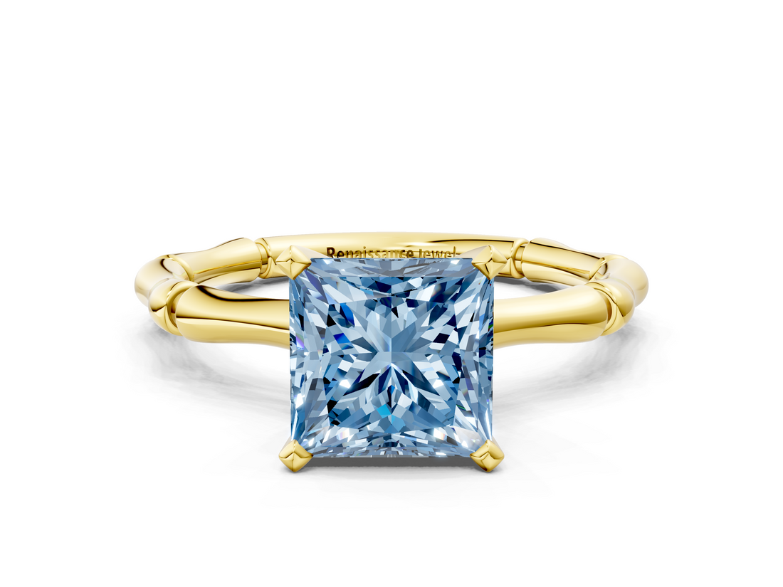 Yellow gold Fancy Blue Princess  Solitaire Diamond Ring with Bamboo Band and Four-Prong Setting_34