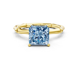 Yellow gold Fancy Blue Princess  Solitaire Diamond Ring with Bamboo Band and Four-Prong Setting_34