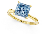 Yellow gold Fancy Blue Princess  Solitaire Diamond Ring with Bamboo Band and Four-Prong Setting_35