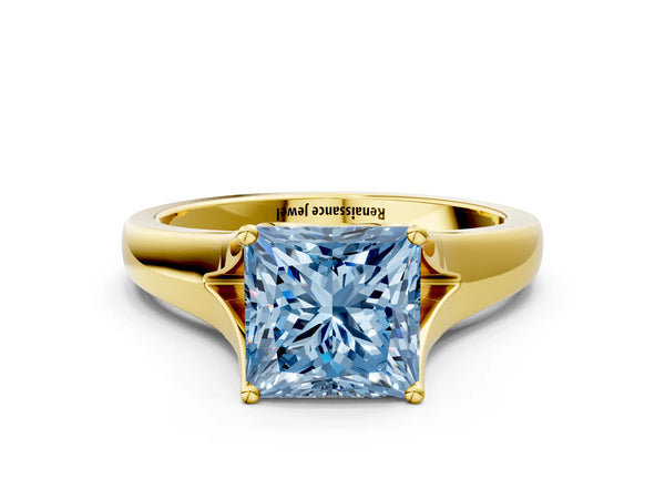 Yellow gold Fancy Blue Princess  Solitaire Diamond Ring with Cathedral Band and Four-Prong Setting