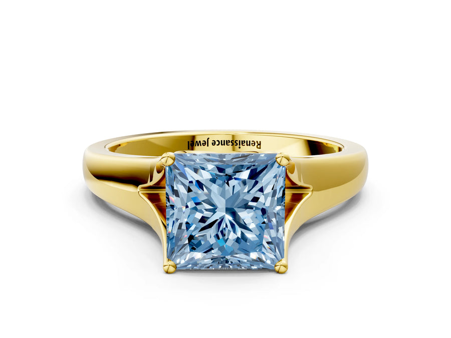 Yellow gold Fancy Blue Princess  Solitaire Diamond Ring with Cathedral Band and Four-Prong Setting