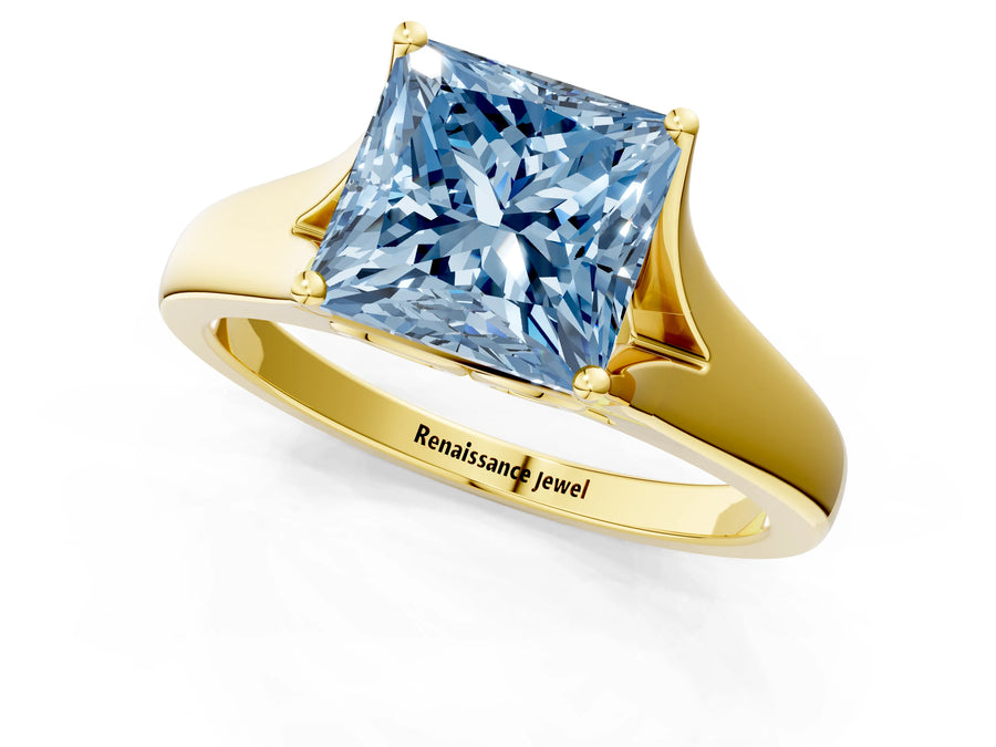 Yellow gold Fancy Blue Princess  Solitaire Diamond Ring with Cathedral Band and Four-Prong Setting