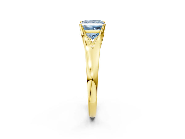 Yellow gold Fancy Blue Princess  Solitaire Diamond Ring with Cathedral Band and Four-Prong Setting