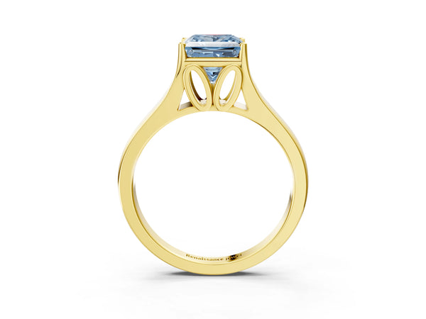 Yellow gold Fancy Blue Princess  Solitaire Diamond Ring with Cathedral Band and Four-Prong Setting