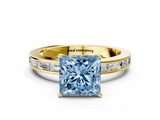 Yellow gold Fancy Blue Princess  Solitaire Diamond Ring with Channel-Set Baguette Band and Four-Prong Setting_67