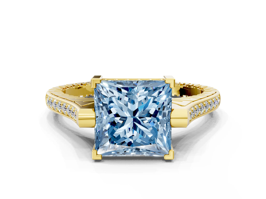 Yellow gold Fancy Blue Princess  Solitaire Diamond Ring with Channel Set Band and Bezel Prong Setting_56