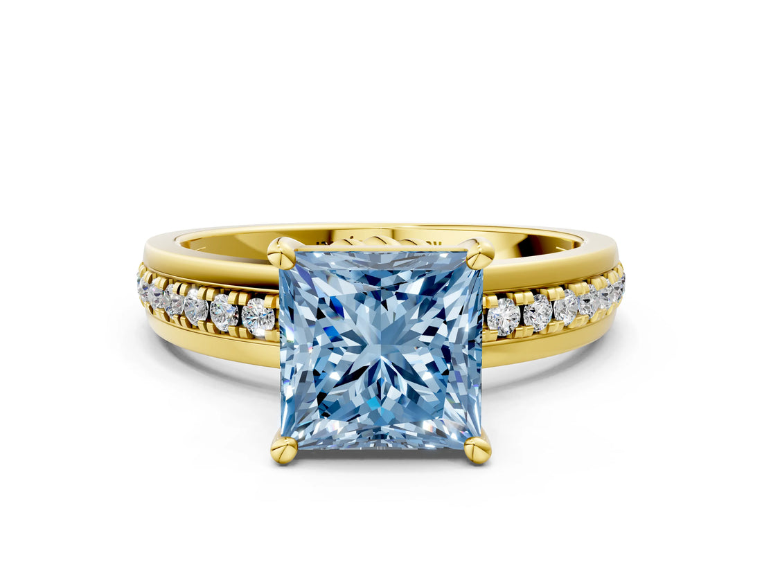 Yellow gold Fancy Blue Princess  Solitaire Diamond Ring with Channel Set Band and Six-Prong Setting_48