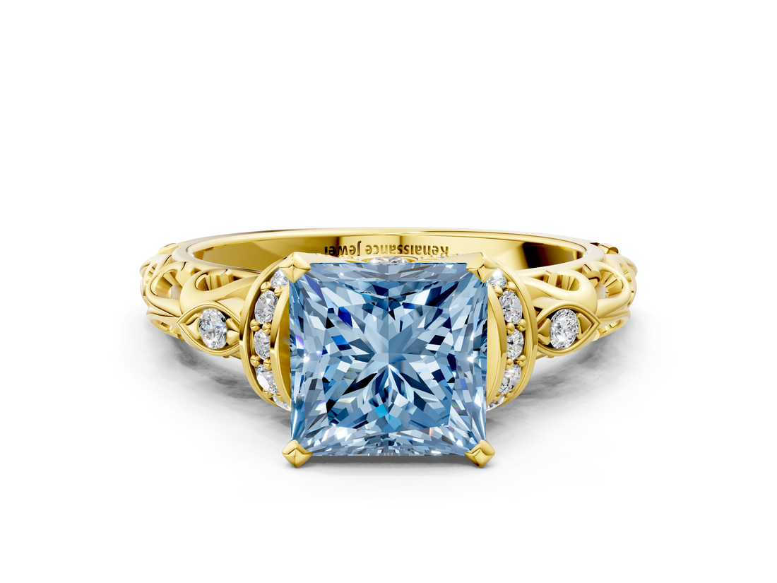 Yellow gold Fancy Blue Princess  Solitaire Diamond Ring with Filigree Band and Four-Prong Setting_28