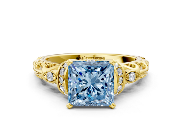 Yellow gold Fancy Blue Princess Cut Diamond Solitaire Ring with Filigree Band and Four-Prong Setting