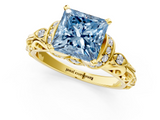 Yellow gold Fancy Blue Princess  Solitaire Diamond Ring with Filigree Band and Four-Prong Setting_29