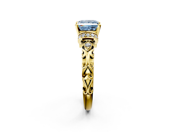 Yellow gold Fancy Blue Princess Cut Diamond Solitaire Ring with Filigree Band and Four-Prong Setting