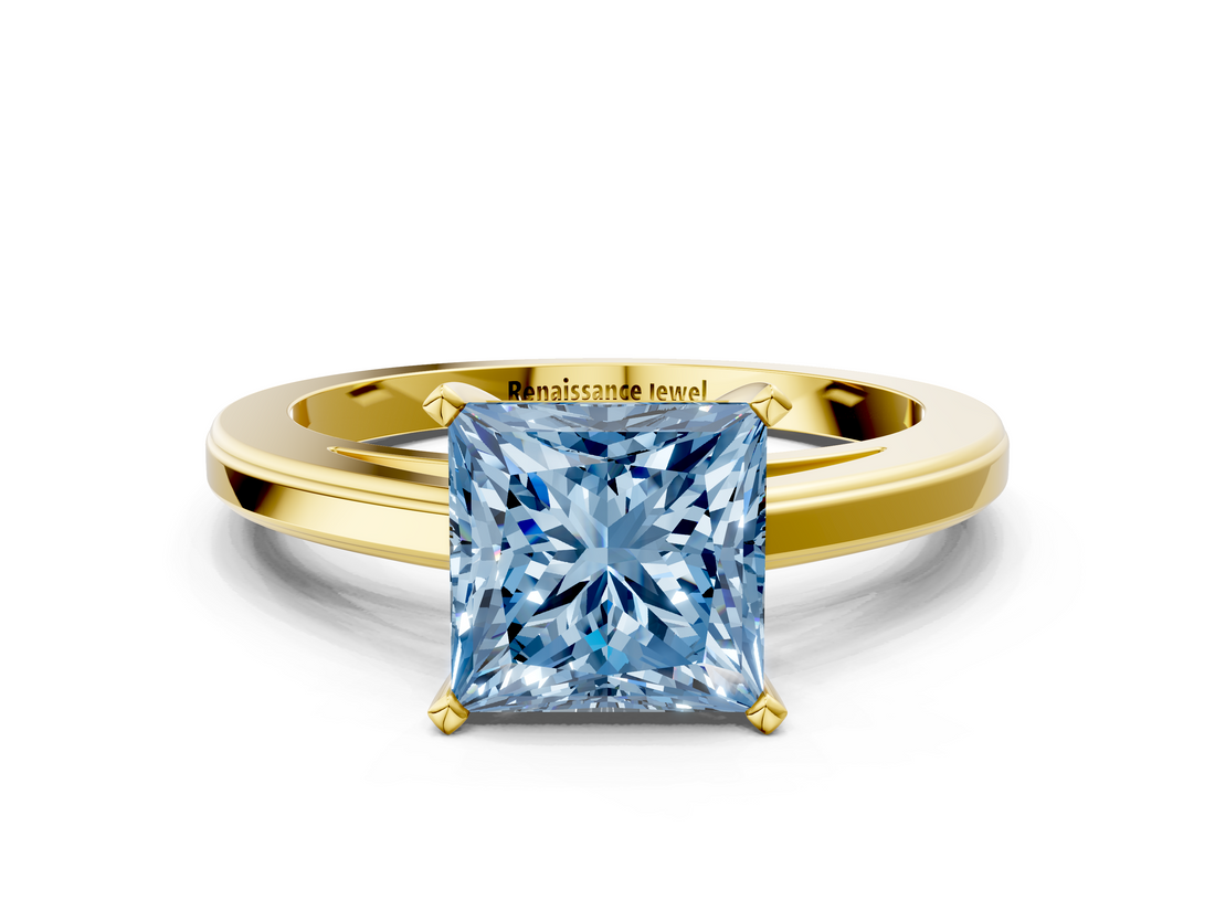 Yellow gold Fancy Blue Princess  Solitaire Diamond Ring with Four-Prong Setting and Classic Band_3
