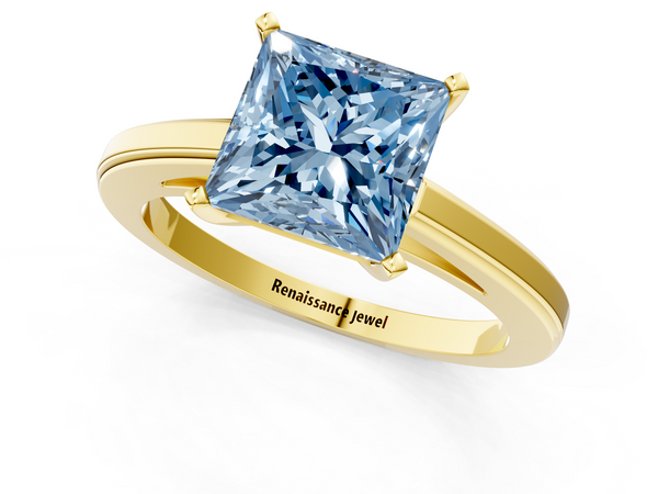Yellow gold Fancy Blue Princess  Solitaire Diamond Ring with Four-Prong Setting and Classic Band