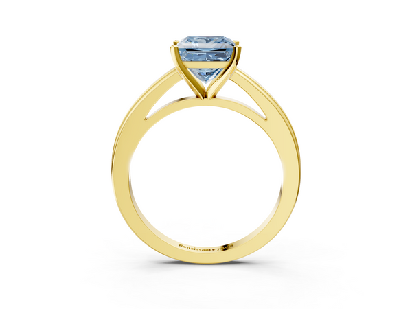 Yellow gold Fancy Blue Princess  Solitaire Diamond Ring with Four-Prong Setting and Classic Band