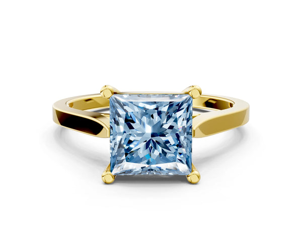 Yellow gold Fancy Blue Princess  Solitaire Diamond Ring with Four-Prong Setting and Tapered Band