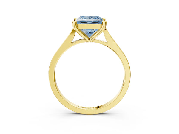 Yellow gold Fancy Blue Princess  Solitaire Diamond Ring with Four-Prong Setting and Tapered Band