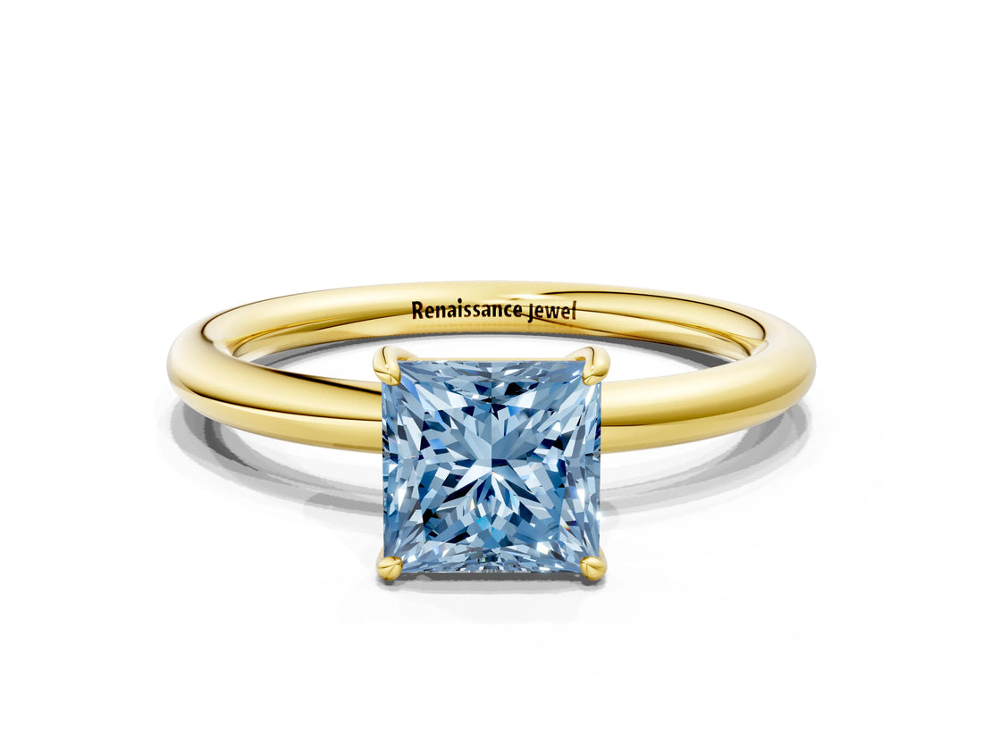Yellow gold Fancy Blue Princess  Solitaire Diamond Ring with Four-Prong Setting on a Plain Band_20